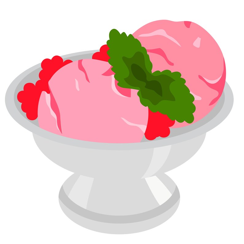May include: A silver serving dish with two scoops of pink ice cream and red raspberries topped with a green leaf.