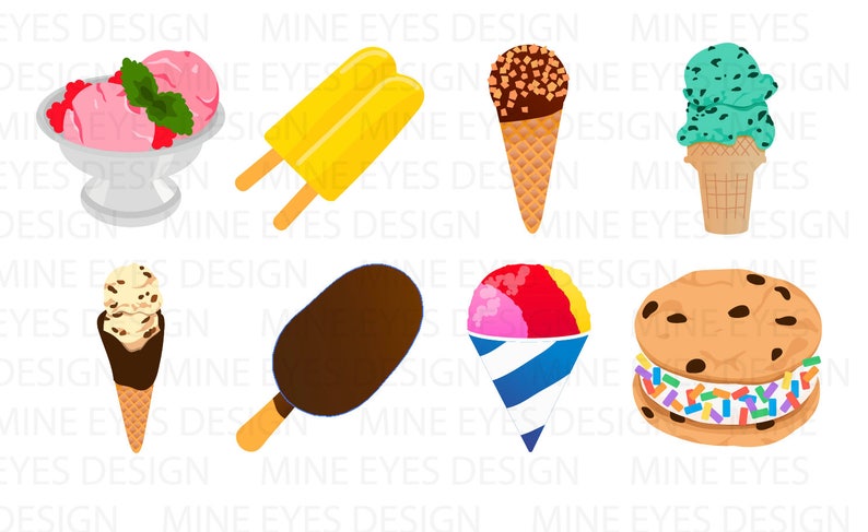 May include: A collection of eight different summer treats, including ice cream cones, popsicles, a snow cone, and a cookie ice cream sandwich. The treats are all brightly colored and feature various toppings, such as chocolate chips, sprinkles, and fruit.