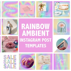 Rainbow Ambient Instagram Post Templates - 22 Canva templates to edit and customize, shiny iridescent backgrounds