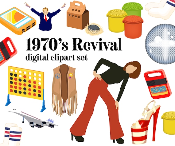 Retro 70s Clipart Set: Nostalgic Toys & Party Decor (digital