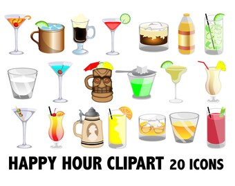 HAPPY HOUR CLIPART - alcohol beverages cocktail icons - Instant Download