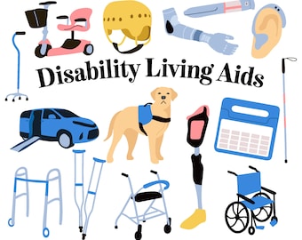 Könnte beinhalten: Sortiment an Hilfsmitteln für Menschen mit Behinderung, darunter ein Mobilitätsroller, Krücken, ein Rollator, ein Gehstock, ein Rollstuhl, eine Beinprothese, ein Assistenzhund, ein Helm und ein Braille-Display.