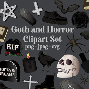 Goth and Horror Clipart Set Halloween printable icons Gothic party icons Cemetery Grave Decor Original spooky clip art illustrations