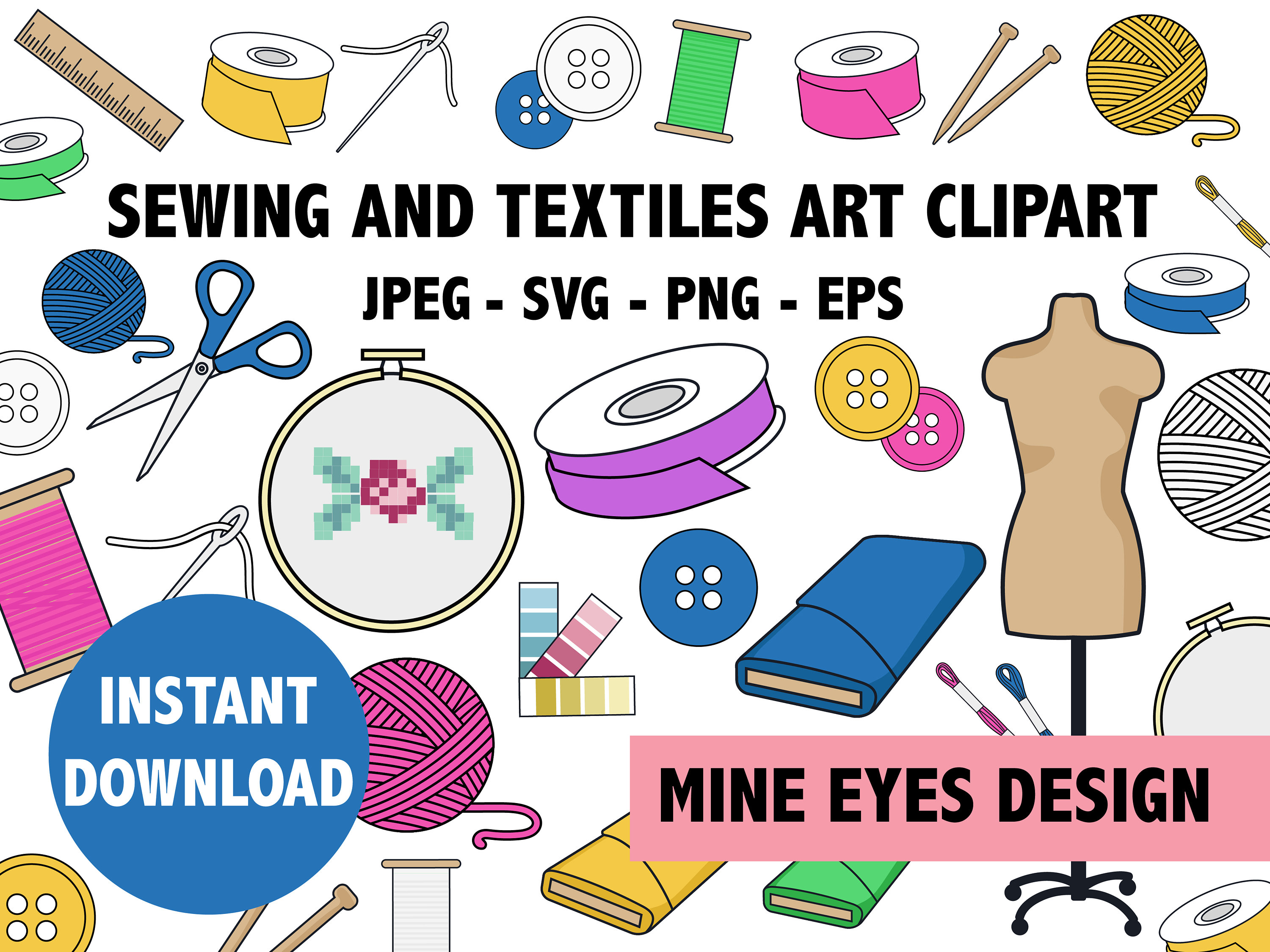 Sewing Textiles and Fiber Art Clipart Pack Ribbon Fabric Etsy