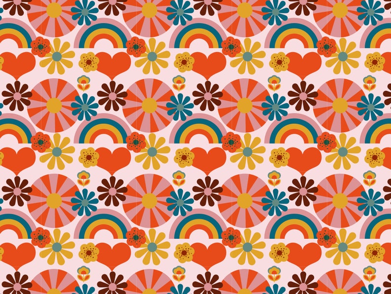 Pu&ograve; includere: Uno schema senza cuciture con un design retr&ograve; con cuori rossi, fiori gialli, arcobaleni blu e verdi e cerchi di raggi di sole arancioni e rosa su uno sfondo rosa chiaro.