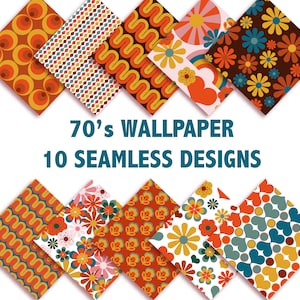 May include: Ten seamless 70s style wallpaper designs in a variety of patterns, including geometric, floral, and abstract. The designs feature a color palette of orange, yellow, brown, blue, and white.