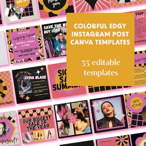 May include: A collection of 35 colourful and edgy Instagram post Canva templates. The templates feature a variety of designs, including geometric shapes, bold colours, and playful fonts. The text "COLORFUL EDGY INSTAGRAM POST CANVA TEMPLATES" and "35 editable templates" is displayed in a large font on a yellow background.