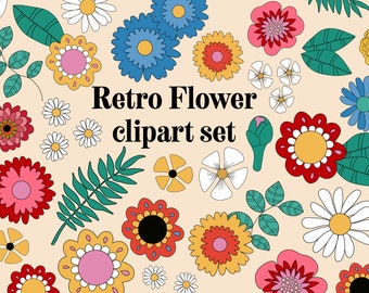 Imágenes prediseñadas de flores retro: gráficos florales de los años 70 (PNG, JPEG)
