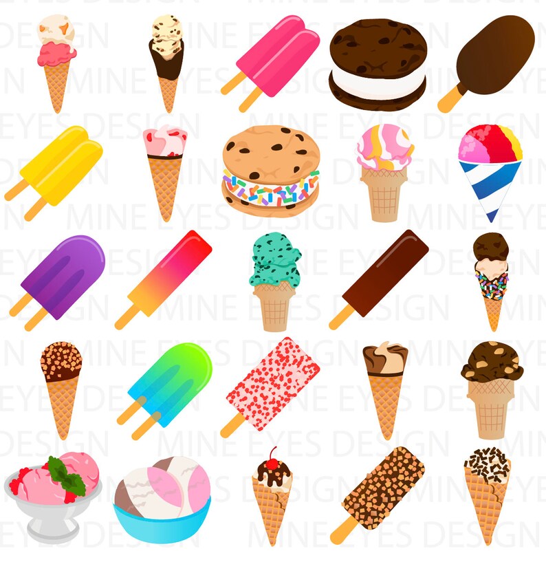 May include: A collection of colorful ice cream cones, popsicles, ice cream sandwiches, and snow cones. The ice cream cones are in various flavors, including chocolate, vanilla, strawberry, and mint chocolate chip. The popsicles are in a variety of colors, including red, blue, green, and purple. The ice cream sandwiches are made with chocolate chip cookies and vanilla ice cream. The snow cones are in a variety of colors, including red, blue, and green.