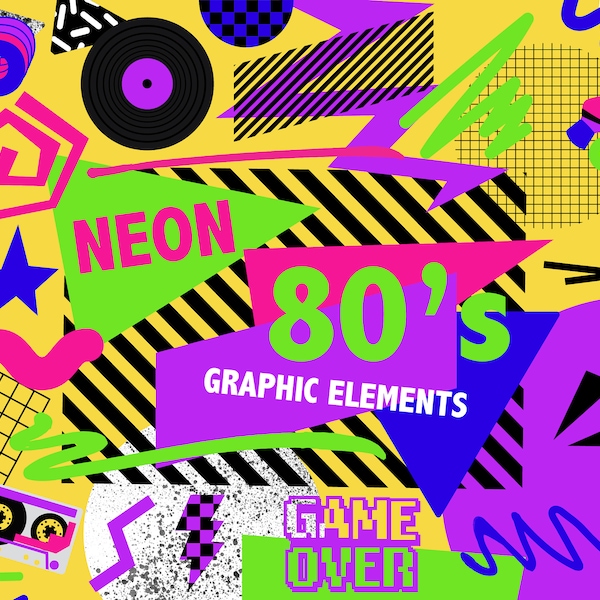 NEON 80's DESIGN ELEMENTS Retro 80s Memphis graphic design element icons 80s clip art illustrations Digital Download