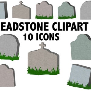 Pode incluir: Dez estilos diferentes de lápides cinzas com uma base de grama verde. As lápides são de diferentes formas e tamanhos. O texto "HEADSTONE CLIPART 10 ICONS" está na parte superior da imagem.