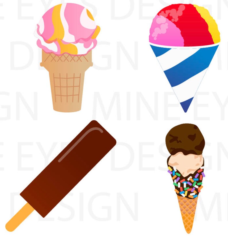 May include: Four different types of frozen treats: a pink and yellow swirl ice cream cone, a red, pink, and yellow shaved ice cone, a chocolate-covered popsicle, and a double-scoop ice cream cone with chocolate and vanilla ice cream and rainbow sprinkles.