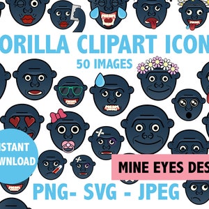 GORILLA EMOJI Animal Zoo Monkey Chimpanzee illustration bundle 50 gorilla expressions clipart  clip art Instant Download