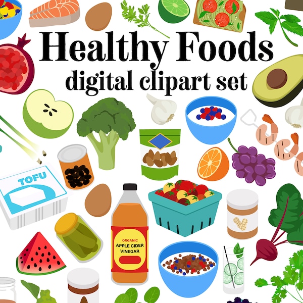 Healthy Food digital clipart set Organic vegetarian vegan natural health foods Vegetables food clip art healthy options