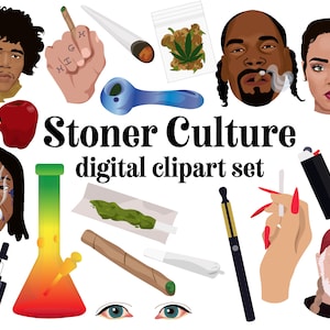 May include: A digital clipart set with a stoner culture theme. The set includes images of people, marijuana leaves, bongs, pipes, rolling papers, lighters, and vape pens. The text "Stoner Culture digital clipart set" is included in the image.