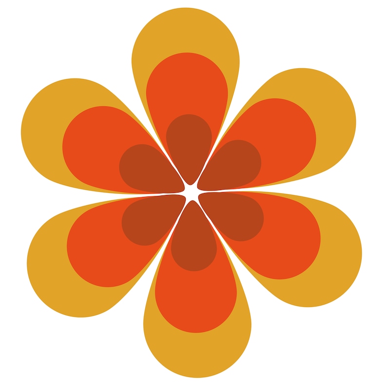 May include: A six-petal flower with a retro design. The petals are layered in shades of orange and red.