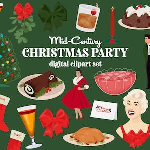 Mid Century Christmas Party retro clipart set 50s retro holiday soiree MCM hostess