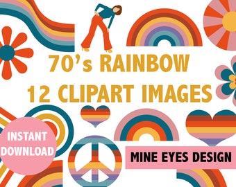 70s Rainbow Clipart  Retro Seventies clip art bundle Hippies and Vintage