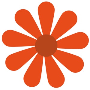 May include: A stylized orange flower with ten petals and a brown center.