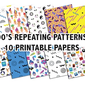 90&#39;s Repeating Patterns Printable Papers - 10 nineties themed papers- Downloadable Digital Images