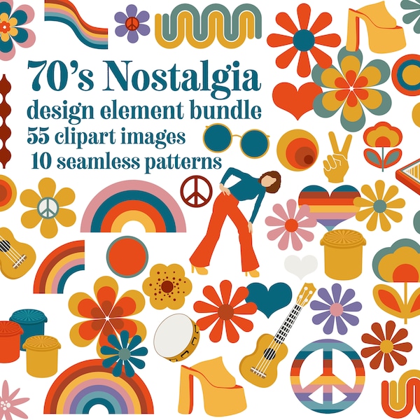 Paquete de la década de 1970 RETRO Setenta Iconos de clip art y papeles digitales sin costuras jpeg png 1970