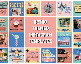Retro 50s Googie Instagram Post Templates: Social Media Branding (Canva, 25 Designs)