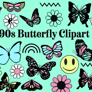 Elementy projektu i cliparty BUTTERFLY z lat 90. Retro 90-tych cliparty Ilustracje imprez z lat 90-tych Pobieranie cyfrowe