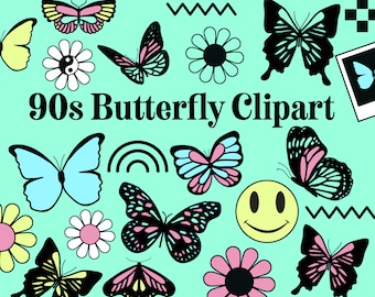 90s Butterfly Clipart: Retro Design Elements (Digital Download)