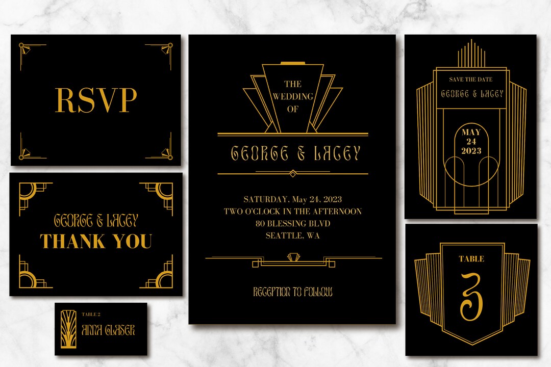 Art Deco Wedding Invitation Suite: Black and Gold Canva Template ...