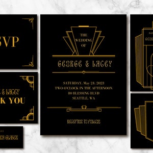 ART DECO Black and Gold Wedding Suite - RSVP, Thank you, Wedding Invitation, Table Number, Placecards, Digital Customizable Canva Template