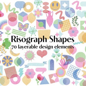 Może przedstawiać: Zbiór 70 warstwowych elementów projektowych w różnych kształtach, kolorach i wzorach. Elementy obejmują kształty geometryczne, kwiaty, serca, gwiazdy i wiele innych. Tekst "RisoGraph Shapes" i "70 layerable design elements" jest zawarty w obrazie.