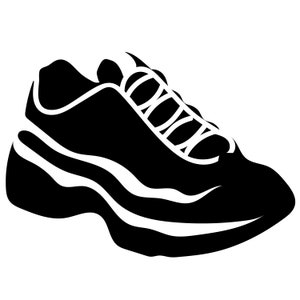 May include: Black and white silhouette of a sneaker with a thick sole and laces.