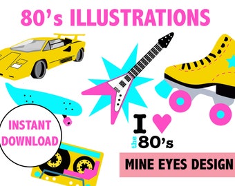 80'S ILLUSTRATIONS  1980s party decor CLIPART Printable retro digital 1980's clip art icons