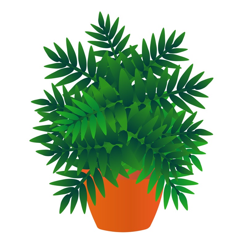 Puede incluir: Ilustraci&oacute;n vibrante de una planta en maceta. La planta presenta hojas verdes y exuberantes, densamente agrupadas. La maceta es de un color naranja-rojizo c&aacute;lido, lo que proporciona un contraste llamativo con el follaje verde. La imagen est&aacute; sobre un fondo blanco.