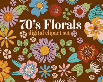 Conjunto de imágenes prediseñadas florales de los años 70: Gráficos retro con el poder de las flores (descarga digital)