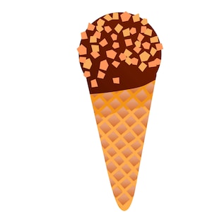 May include: A chocolate ice cream cone with a waffle cone and orange sprinkles.