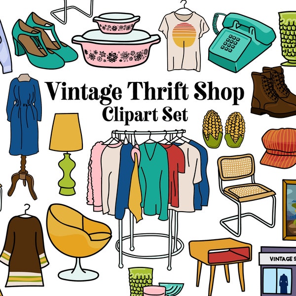 Vintage Thrift Shop Clipart Set Retro fashion mid century furniture and thriftstore finds