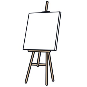 May include: An artist's easel with a blank white canvas. The easel is made of light brown wood with black trim and a black top. The canvas is rectangular and ready for painting or drawing.
