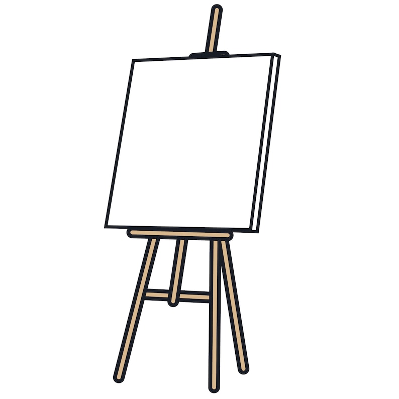 May include: An artist's easel with a blank white canvas. The easel is made of light brown wood with black trim and a black top. The canvas is rectangular and ready for painting or drawing.