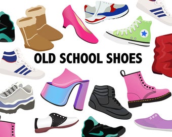 OLD SCHOOL SHOES Clipart  Retro shoe icons 80's 90's  printable fashion clip art