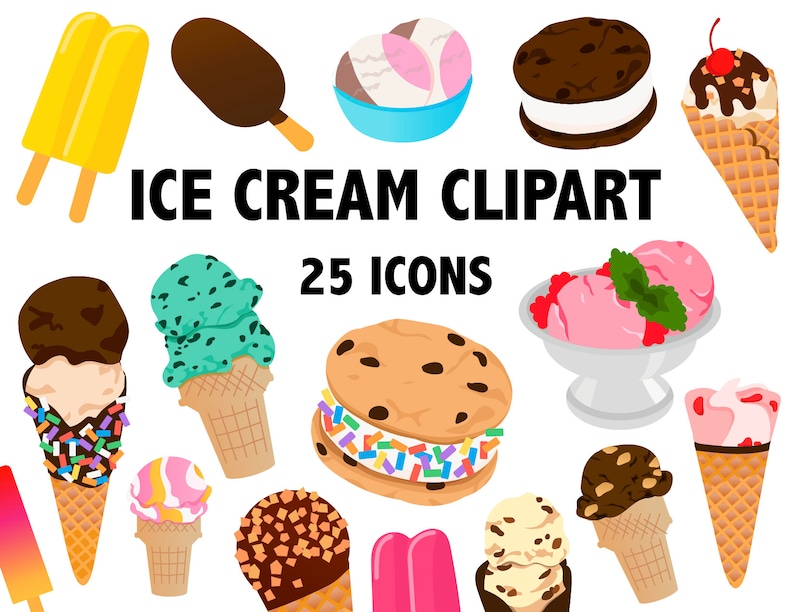 May include: A set of 25 colorful ice cream clipart icons. The icons include cones, cups, popsicles, and ice cream sandwiches.  The icons are perfect for use in digital projects, such as websites, social media, and presentations.