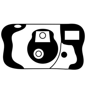 May include: A black and white illustration of a disposable camera. The camera has a lens with a circle in the center and a viewfinder on the right side.