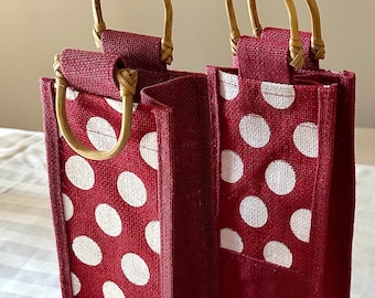 Des sacs à vin exclusifs ! Sacs pour bouteilles de vin ! Sacs cadeaux ! Sacs à vin en jute ! Offrir du vin ! Des sacs à vin à pois ! Cadeaux des Fêtes ! Des sacs pour une seule bouteille !