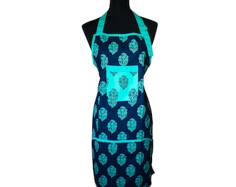 Cotton Apron! Chef Apron! Light Summery Apron! Apron with Four Pockets! Blue Paisley Apron!