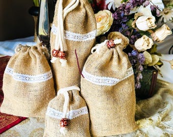 Lace Favour Bags! Jute Gift Bags! Exclusive Gift Pouches! Last 10 Sets Remaining! Perfect for Parties! Drawstring Bags with Wooden Beads!
