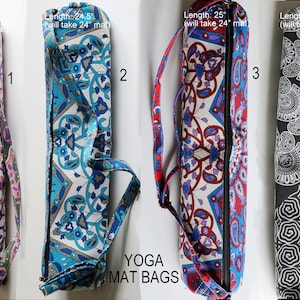 May include: Four yoga mat bags with different patterns. The bags are made of fabric and have a zipper closure. The bags are all 25 inches long and will fit a 24 inch mat. The bags have a shoulder strap. The bags are in the following colors: purple, blue, red, and black.