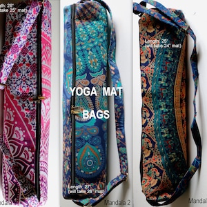 May include: Three yoga mat bags with colorful mandala patterns. The bags are made of fabric and have a zipper closure. The bags are 26 inches long and will fit a 25 inch mat. The bags have adjustable straps.