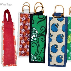 May include: Set of six wine bottle bags made from jute fabric with different floral patterns. Each bag has a bamboo handle and a contrasting trim. The bags are a great way to give a gift of wine.