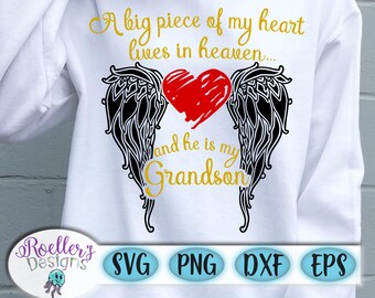 Heaven Svg, Grandson Svg, Angel Wings Svg, Memorial Svg, Memory Svg, Light Block Svg, A Piece of my heart lives in heaven, SVG, Cricut, PNG