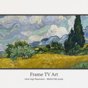 May include: A painting of a landscape featuring a field of yellow wheat, a group of trees, and a tall cypress tree in the background. The sky is blue with white clouds. The painting is in the style of Vincent van Gogh.